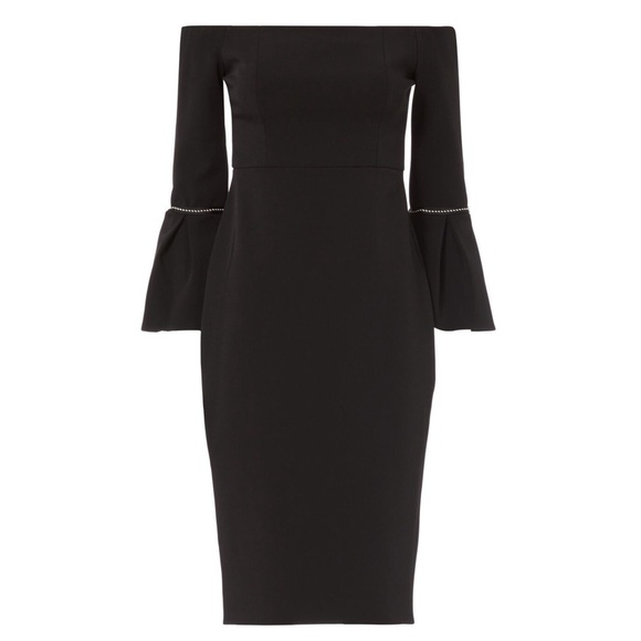 ALEXIS Off Shoulder Embroidered Trim Flared Bell Sleeve Crepe Sheath Dress XS - Picture 10 of 10